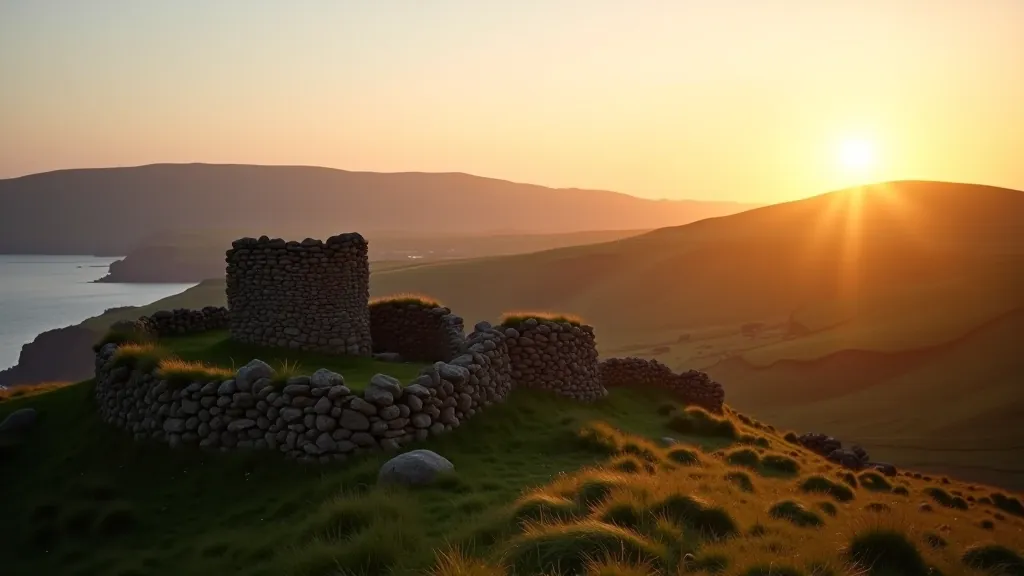 Landscape photography of stone fort ruins against dramatic sky, golden hour lighting, contemplative mood