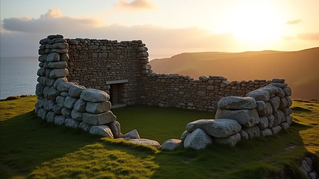 Stone fort ruins on Inishmore with weathered stone structures and open vista, late afternoon lighting creating warm golden tones