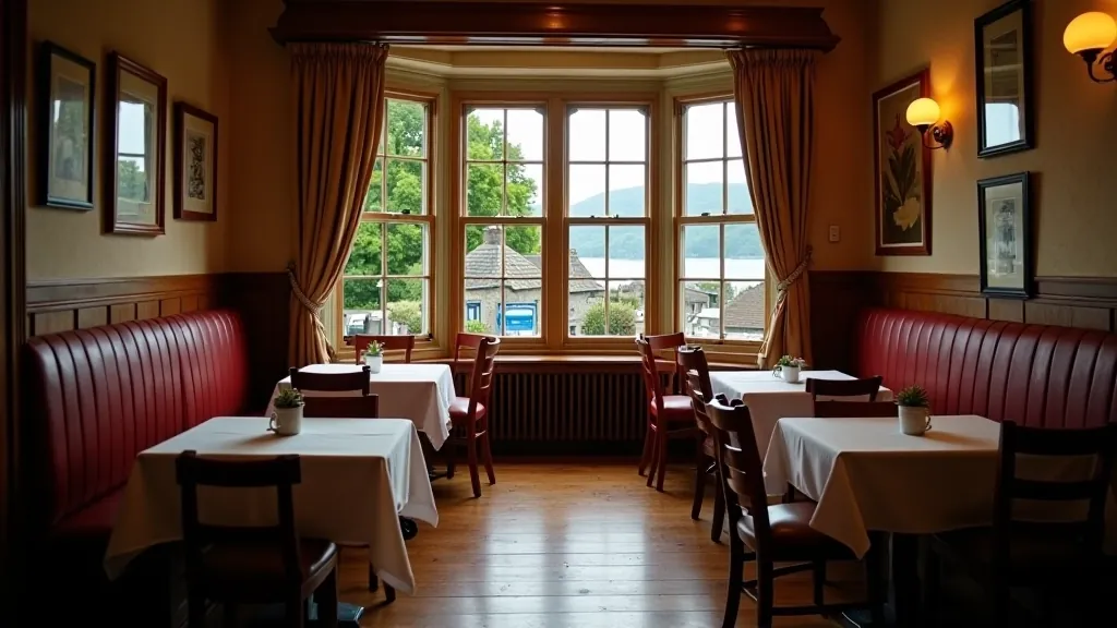Cozy cafe interior with vintage wooden chairs, warm lighting, small tables with white tablecloths, window overlooking village street