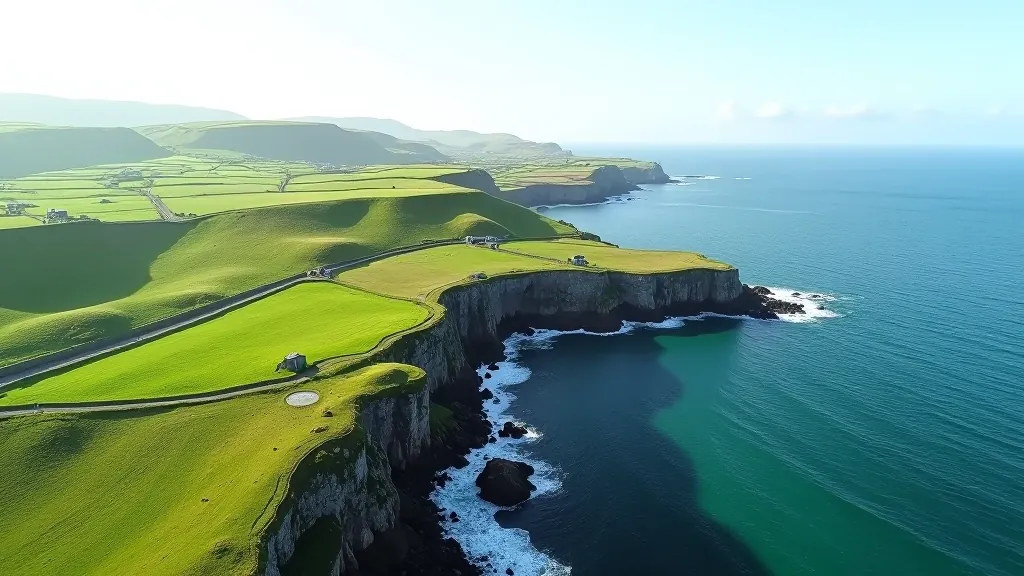 Serene coastal landscape of Inishmore with rolling green hills, ancient stone structures, and Atlantic Ocean views