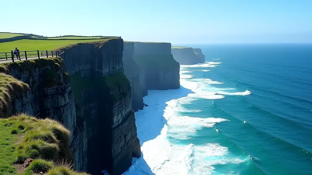 Dramatic cliff edge with safety railings overlooking deep blue ocean, white foam waves below, sunny clear sky