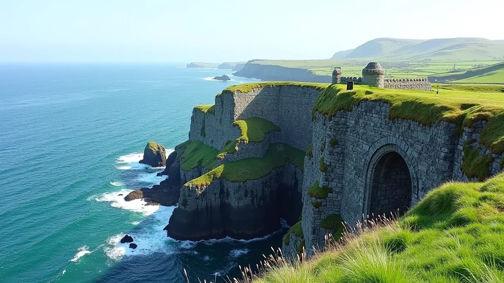 Panoramic view of Dun Aengus fort perched on cliff edge, semicircular stone walls, Atlantic Ocean below, dramatic coastline