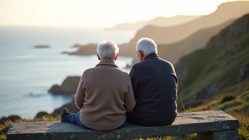 Elderly couple sitting peacefully on stone bench overlooking coastal landscape with calm waters and distant hills