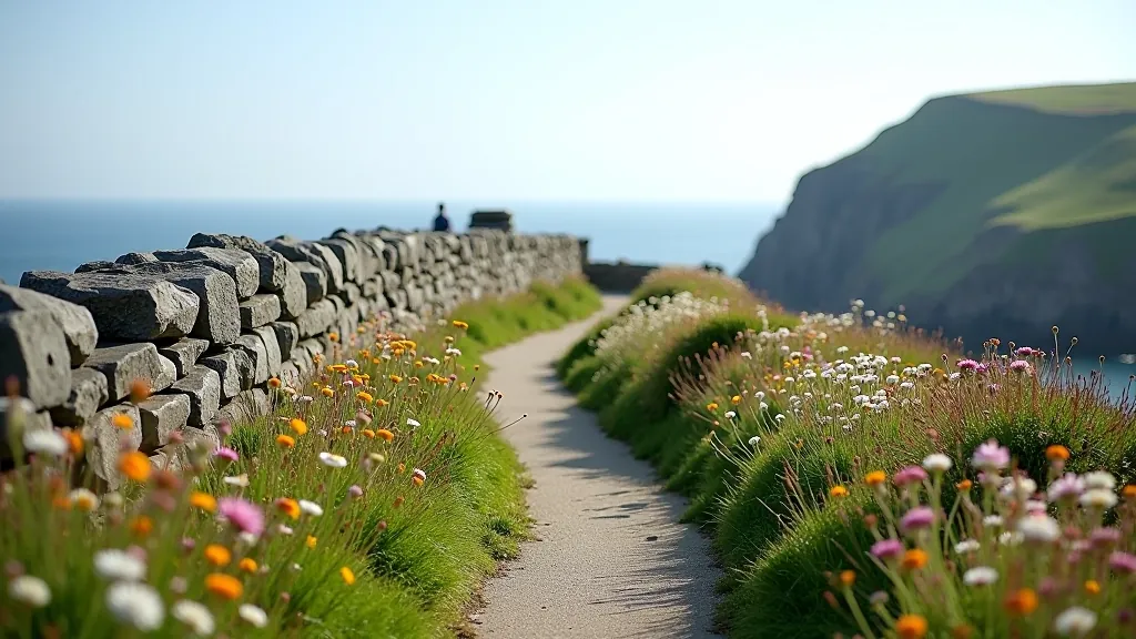 Narrow coastal pathway with low safety stone wall on left, ocean cliffs visible to the right, wildflowers along the path