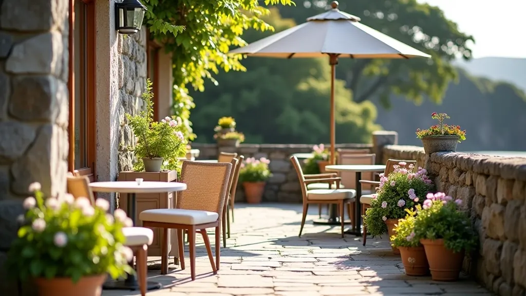 Outdoor cafe seating area with cushioned chairs facing village view, flowering plants in planters, peaceful afternoon light, no people