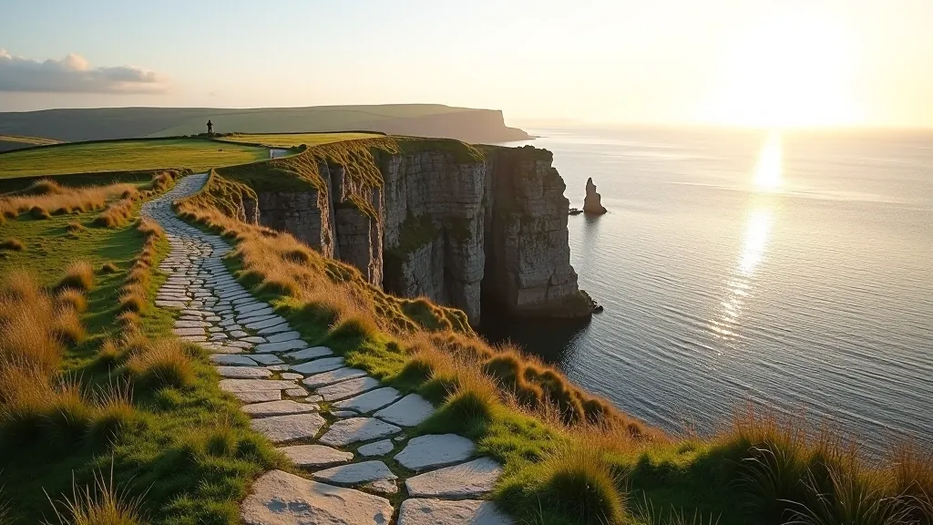 Panoramic view of Inishmore cliffs with peaceful stone pathways and coastal landscape, soft afternoon light, serene atmosphere