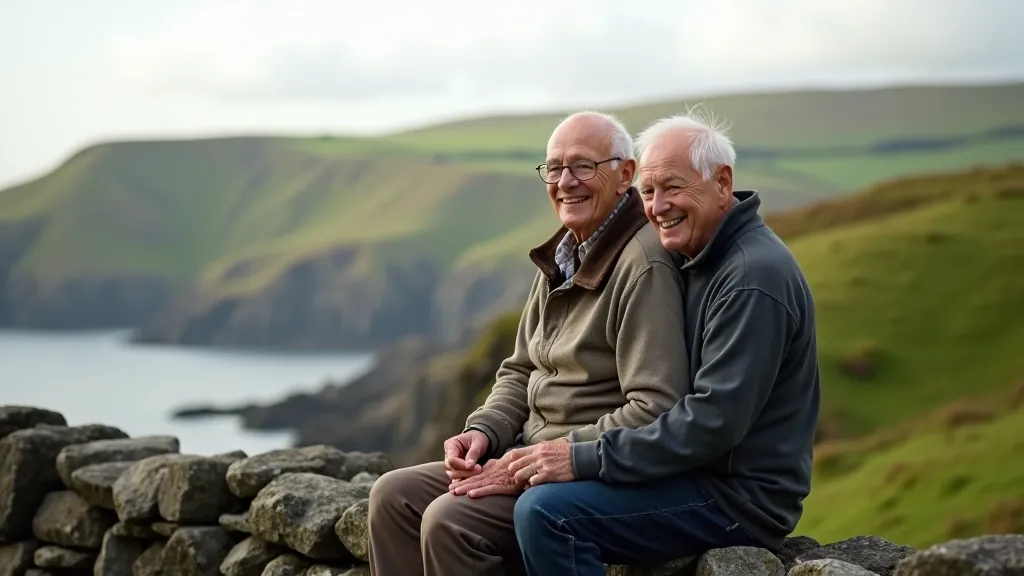 Senior couple enjoying peaceful moment sitting on traditional Irish stone wall overlooking green landscape and distant ocean
