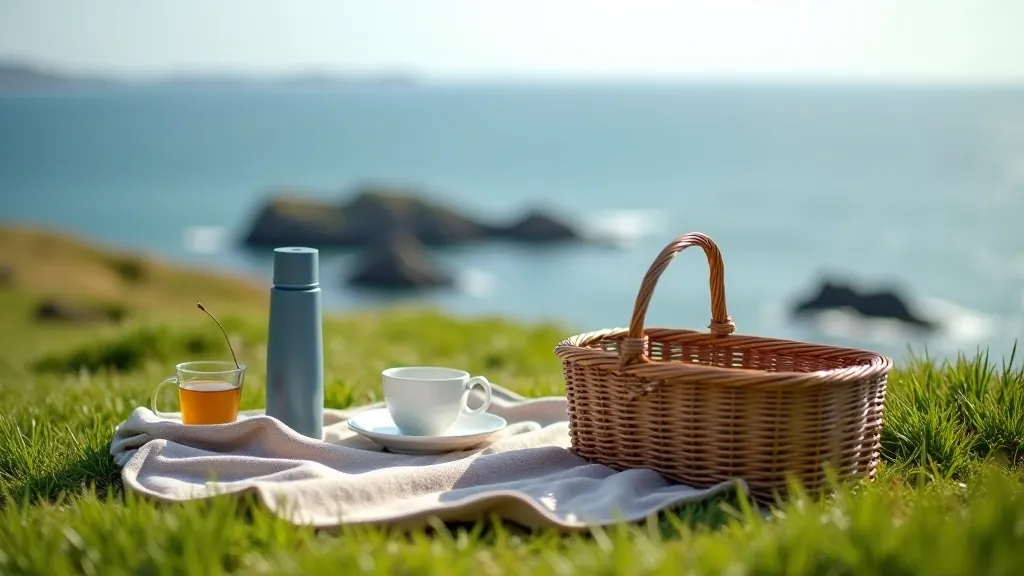 Picnic basket with tea thermos and sandwich on grassy clifftop, ocean and horizon visible in soft focus background