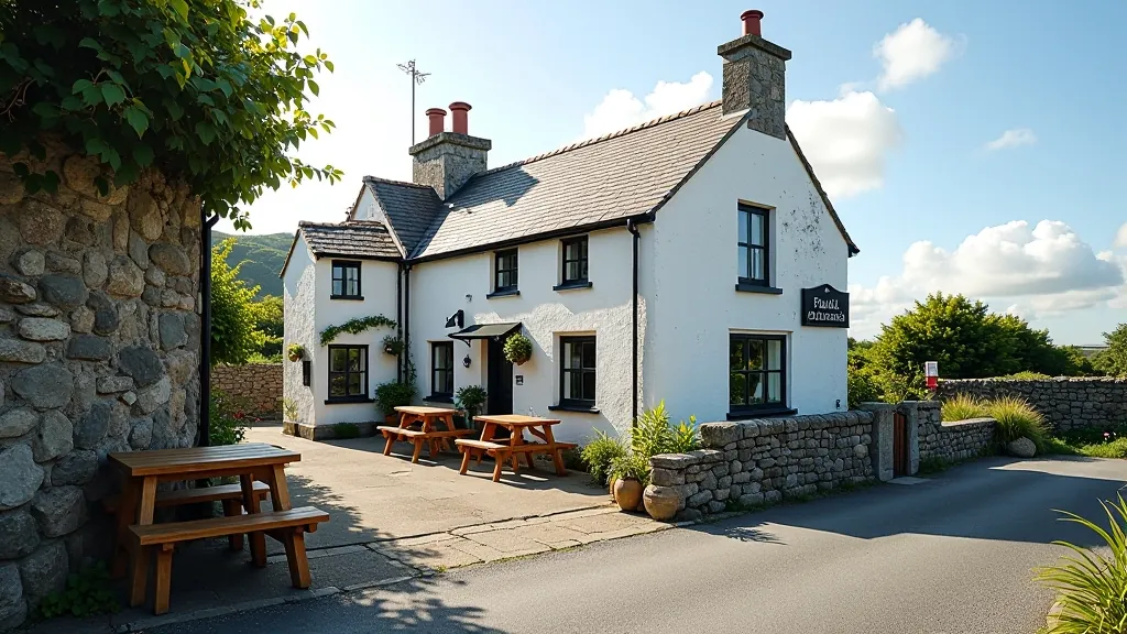 Rustic village cafe with outdoor seating and traditional Irish architecture in background