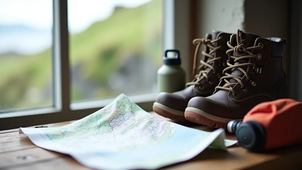 Overhead view of walking boots, water bottle, and topographic map of Inishmore laid out on weathered wooden table, natural daylight